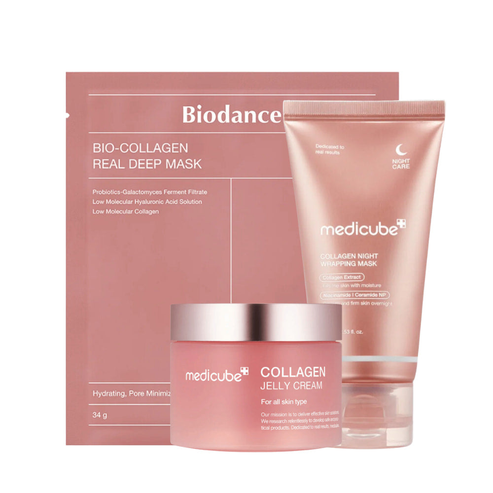El conjunto de productos "Sweet Dreams Skincare" de Medicube, diseñado para mejorar la firmeza y el brillo de la piel durante la noche. Incluye "Collagen Jelly Cream", "Collagen Night Wrapping Mask" y "Bio-Collagen Real Deep Mask". Estos productos están enriquecidos con colágeno, probióticos y ácido hialurónico, y están destinados a hidratar y minimizar los poros, proporcionando una piel suave y flexible.
