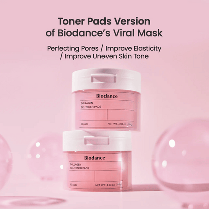 Biodance Collagen Gel Toner Pads combina colágeno e ingredientes nutritivos para refinar los poros, mejorar la elasticidad de la piel y unificar el tono de la piel. Perfecto para una renovación diaria y una piel radiante.
