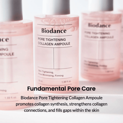 Biodance Pore Tightening Collagen Ampoule promueve la síntesis de colágeno, fortalece las uniones de colágeno y rellena las irregularidades de la piel. Proporciona una piel más firme, minimiza los poros y mejora la elasticidad de la piel para una superficie lisa y uniforme. Perfecta para el cuidado intensivo de los poros y el uso diario.