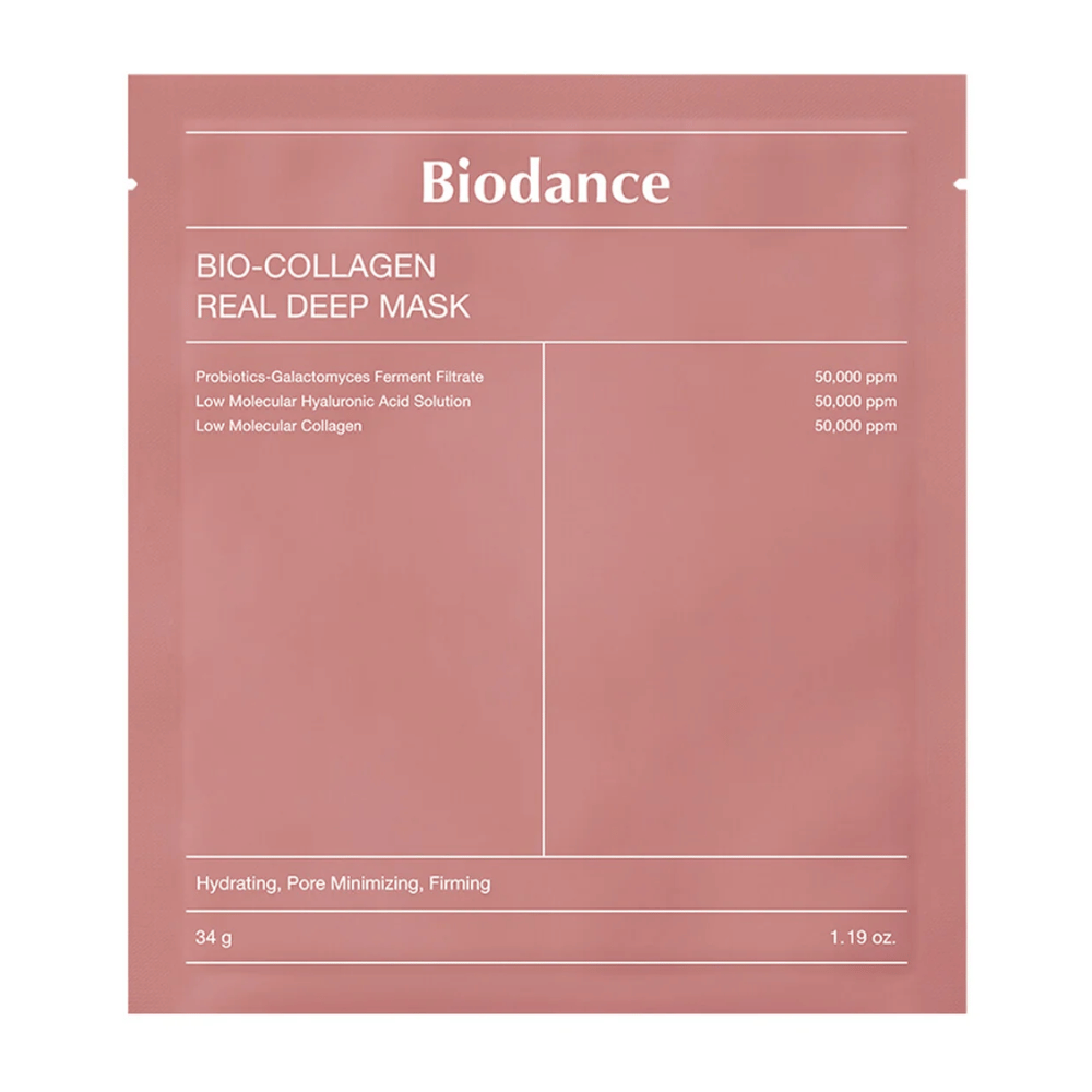 La imagen muestra Bio-Collagen Real Deep Mask de Biodance, empaquetado en rosa suave. El texto detalla ingredientes como probióticos, filtrado de fermento de galactomyces, ácido hialurónico y colágeno, con efectos como hidratación, reducción de poros y firmeza.