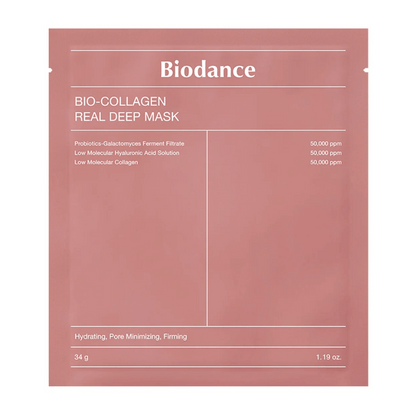 La imagen muestra Bio-Collagen Real Deep Mask de Biodance, empaquetado en rosa suave. El texto detalla ingredientes como probióticos, filtrado de fermento de galactomyces, ácido hialurónico y colágeno, con efectos como hidratación, reducción de poros y firmeza.