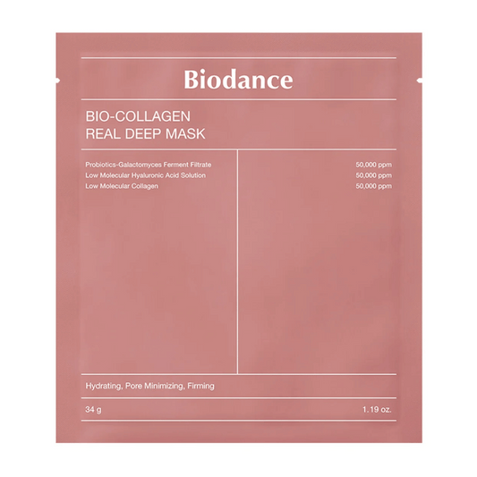 La imagen muestra Bio-Collagen Real Deep Mask de Biodance, empaquetado en rosa suave. El texto detalla ingredientes como probióticos, filtrado de fermento de galactomyces, ácido hialurónico y colágeno, con efectos como hidratación, reducción de poros y firmeza.