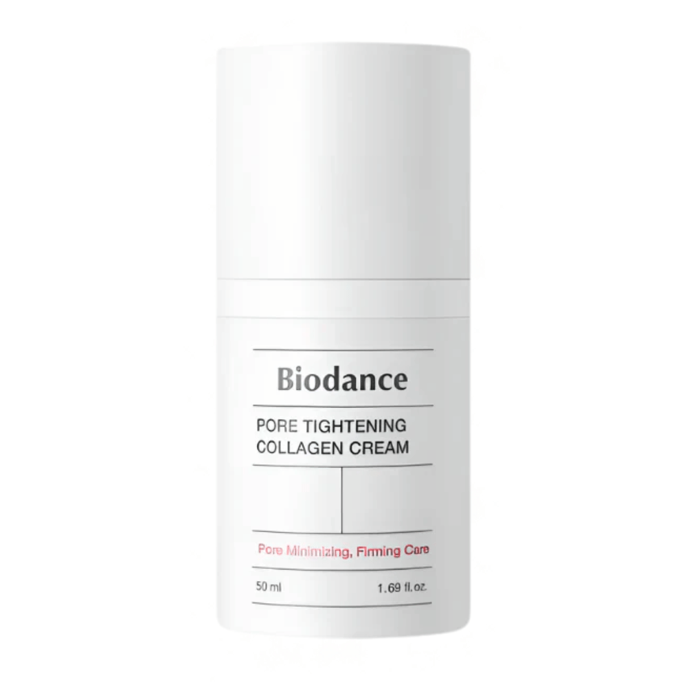 Biodance Pore Tightening Collagen Cream en un sencillo envase blanco con diseño minimalista, 50 ml.