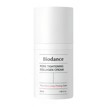 Biodance Pore Tightening Collagen Cream en un sencillo envase blanco con diseño minimalista, 50 ml.