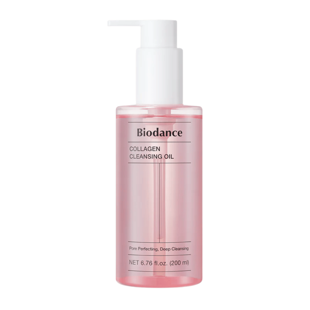 Imagen del producto de Biodance Collagen Cleansing Oil en botella rosa transparente con bomba blanca, el texto "Pore Perfecting, Deep Cleansing" y la indicación de volumen 200 ml.