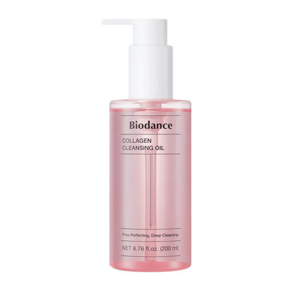 Imagen del producto de Biodance Collagen Cleansing Oil en botella rosa transparente con bomba blanca, el texto "Pore Perfecting, Deep Cleansing" y la indicación de volumen 200 ml.
