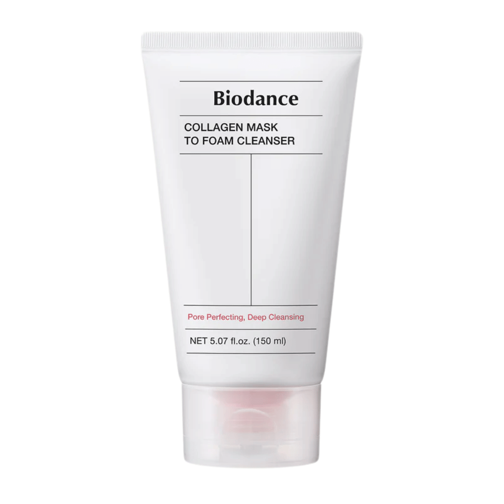 Imagen del producto en Biodance Collagen Mask to Foam Cleanser en tubo blanco con texto negro y detalles rosas. Contiene 150 ml y se promociona como limpiador profundo y mejorador de poros.