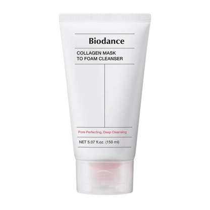 Imagen del producto en Biodance Collagen Mask to Foam Cleanser en tubo blanco con texto negro y detalles rosas. Contiene 150 ml y se promociona como limpiador profundo y mejorador de poros.
