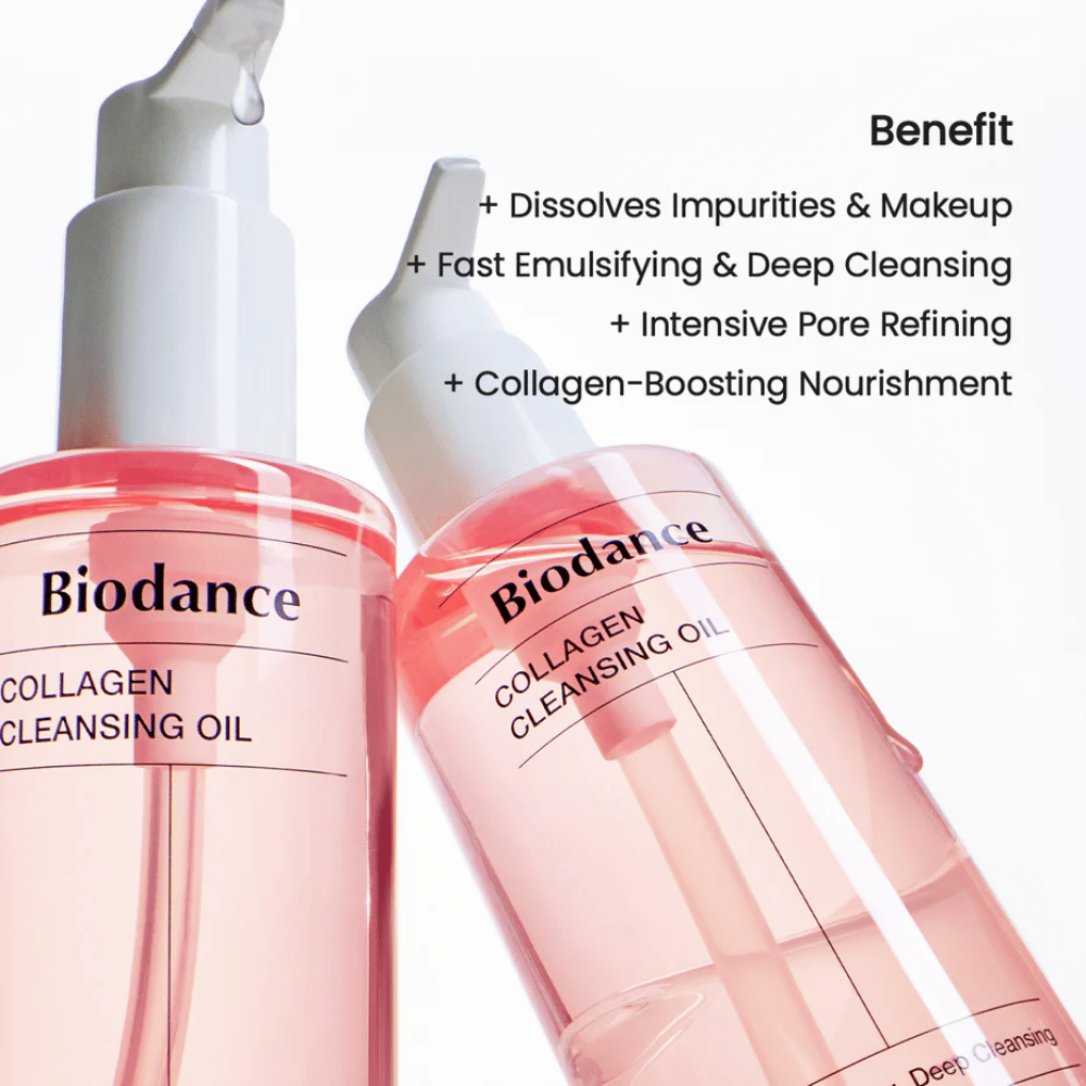 Dos botellas de Biodance Collagen Cleansing Oil con líquido de tono rosa y bomba blanca, colocadas contra un fondo claro. El texto enumera beneficios como limpieza profunda, eliminación de maquillaje y apoyo al colágeno.