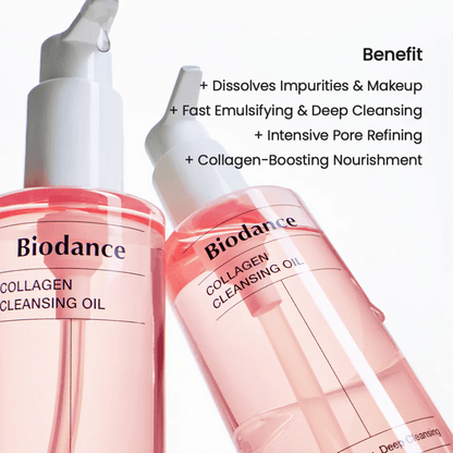 Dos botellas de Biodance Collagen Cleansing Oil con líquido de tono rosa y bomba blanca, colocadas contra un fondo claro. El texto enumera beneficios como limpieza profunda, eliminación de maquillaje y apoyo al colágeno.