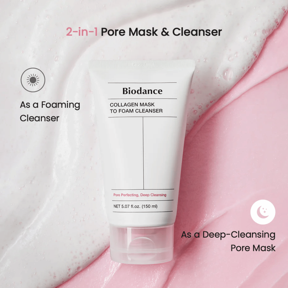 Imagen de Biodance Collagen Mask to Foam Cleanser colocada sobre una textura de limpieza rosa y blanca. El producto se describe como una mascarilla limpiadora de poros 2 en 1 y limpiador espumante.