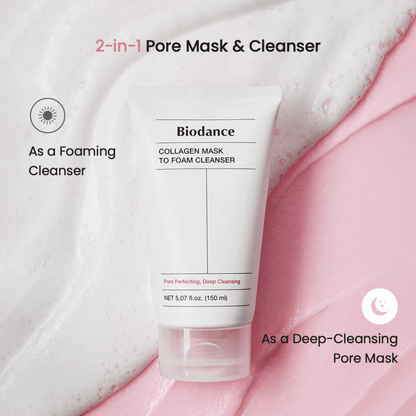 Imagen de Biodance Collagen Mask to Foam Cleanser colocada sobre una textura de limpieza rosa y blanca. El producto se describe como una mascarilla limpiadora de poros 2 en 1 y limpiador espumante.