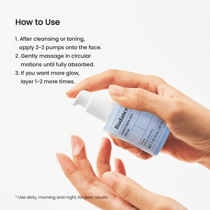Después de la limpieza o el tónico, aplique 2-3 bombas en el rostro. Masajee suavemente en movimientos circulares hasta que el suero se absorba completamente. Para un brillo extra, aplique 1-2 capas adicionales. Use mañana y noche.