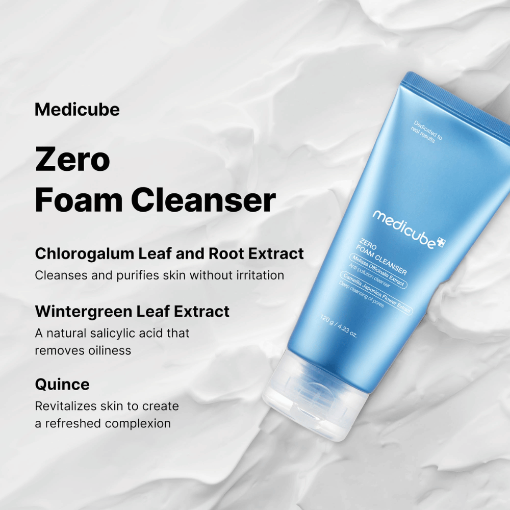 Medicube Zero Foam Cleanser – un lavado facial suave y de limpieza profunda.

🌿 Extracto de Chlorogalum – Limpia y purifica la piel sin irritación.
🍃 Extracto de Wintergreen – Ácido salicílico natural que equilibra la producción de aceite.
🍏 Extracto de membrillo – Revitaliza la piel y proporciona un brillo fresco.

¡Perfecto para una piel limpia, equilibrada y refrescada!