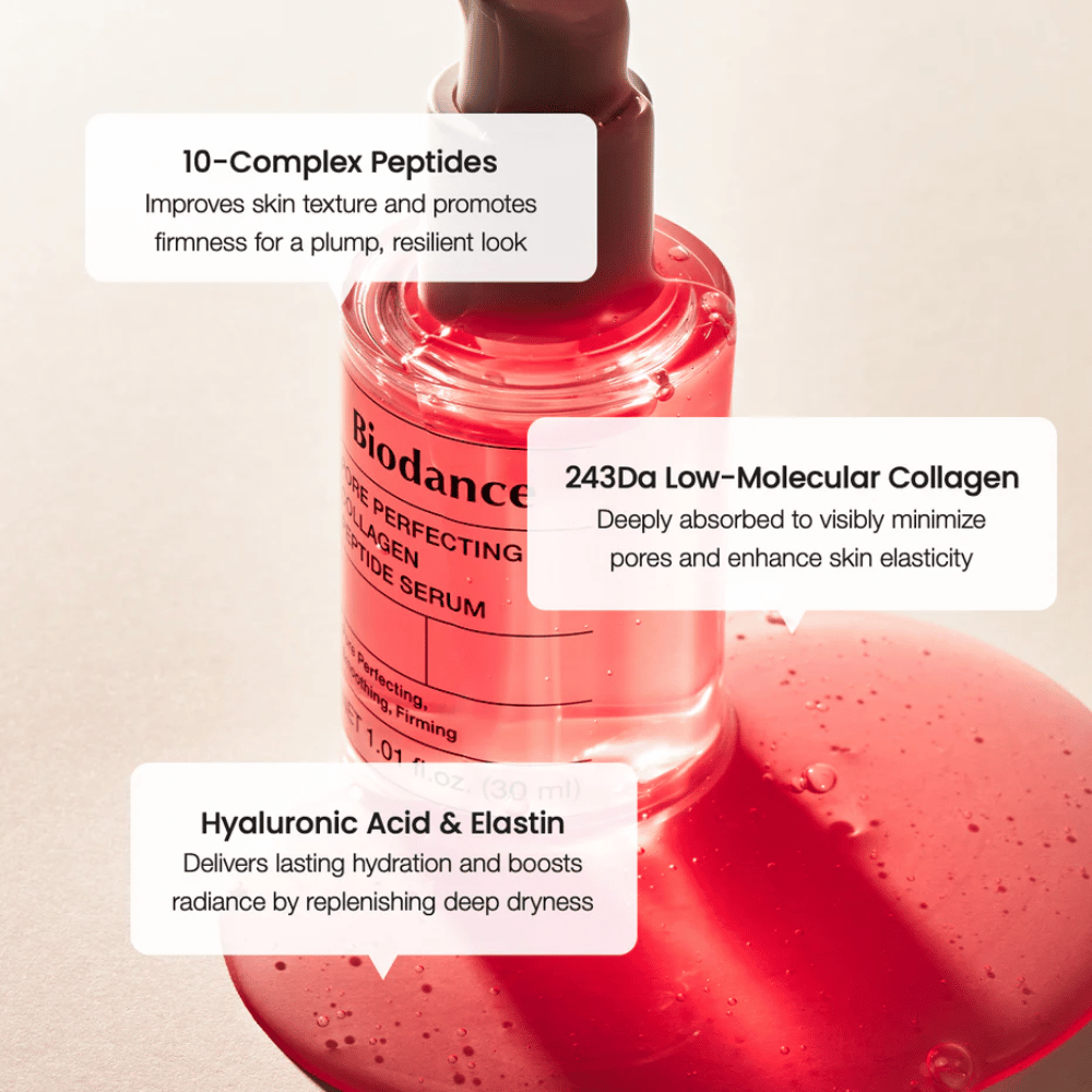 Biodance Pore Perfecting Collagen Peptide Serum con péptidos, colágeno y ácido hialurónico para una piel más firme.