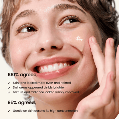 Mujer aplicando Biodance Radiant Vita Niacinamide Serum en el rostro para unificar el tono de piel, aumentar el brillo y mejorar la textura de la piel