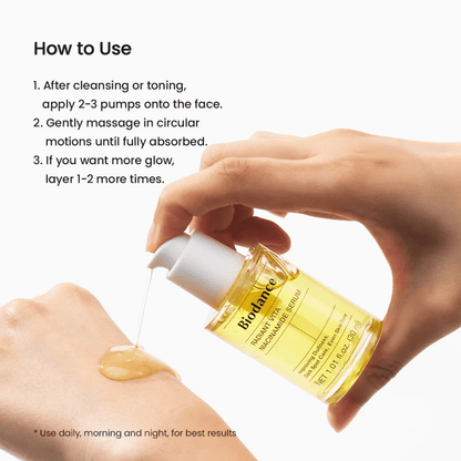 Biodance Radiant Vita Niacinamide Serum se aplica en la mano – cómo usar el suero después de la limpieza para un tono de piel más uniforme y brillo