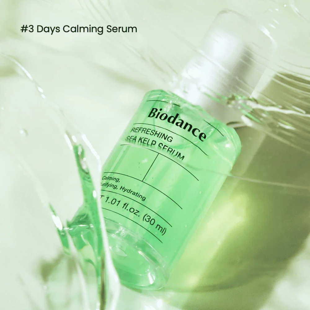 Biodance Refreshing Sea Kelp Serum en textura líquida – fórmula de rápida absorción para piel sensible y grasa.