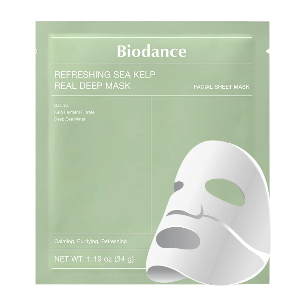 Biodance Refreshing Sea Kelp Real Deep Mask – una mascarilla facial calmante e hidratante con algas fermentadas y agua profunda del mar. Limpia, equilibra y proporciona a la piel un brillo fresco.