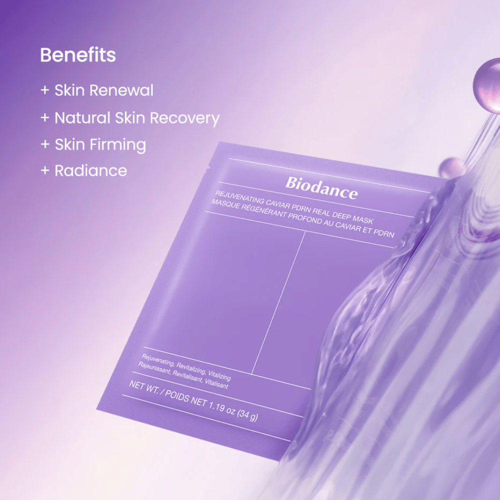 Biodance Rejuvenating Caviar PDRN Real Deep Mask en modelo con brillo natural y resplandor visible después del uso
