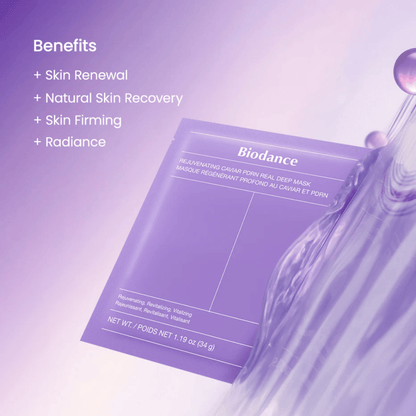 Biodance Rejuvenating Caviar PDRN Real Deep Mask en modelo con brillo natural y resplandor visible después del uso