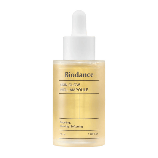 Botella con Biodance Skin Glow Vital Ampoule, una ampolla facial que potencia, ilumina y suaviza la piel. Contiene 50 ml y está diseñada para dar a la piel una sensación radiante y revitalizada.