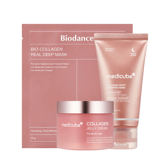 El conjunto de productos "Sweet Dreams Skincare" de Medicube, diseñado para mejorar la firmeza y el brillo de la piel durante la noche. Incluye "Collagen Jelly Cream", "Collagen Night Wrapping Mask" y "Bio-Collagen Real Deep Mask". Estos productos están enriquecidos con colágeno, probióticos y ácido hialurónico, y están destinados a hidratar y minimizar los poros, proporcionando una piel suave y flexible.